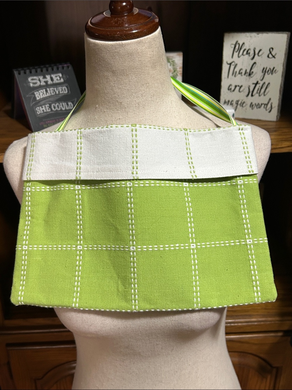 Lime Green & Cream Check Wristlet Clutch NWOT